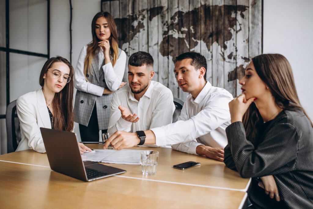 group people working out business plan office